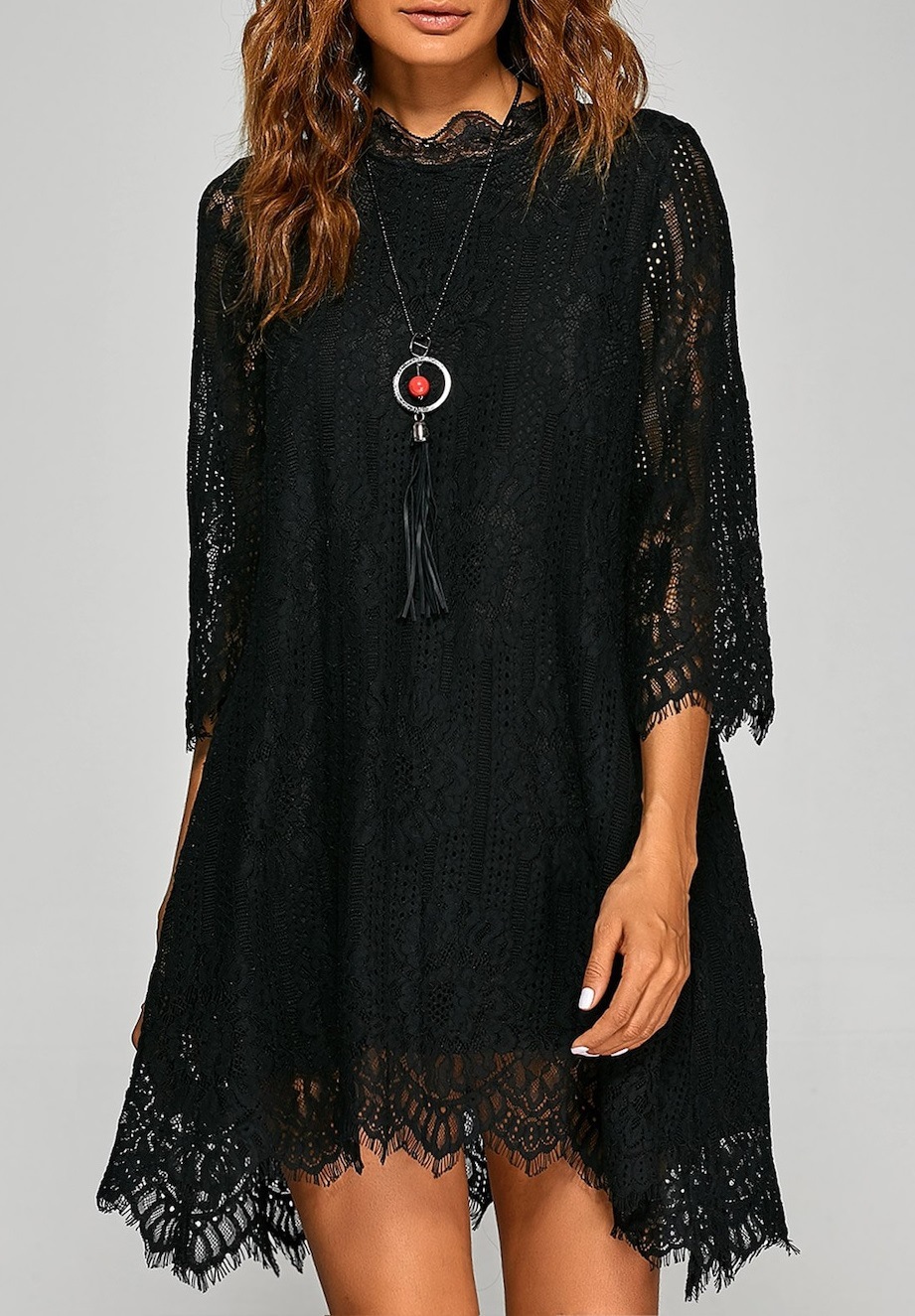 Elegant Sweet Style Women Loose Irregular Hem Plain Openwork Lace Mini Dress